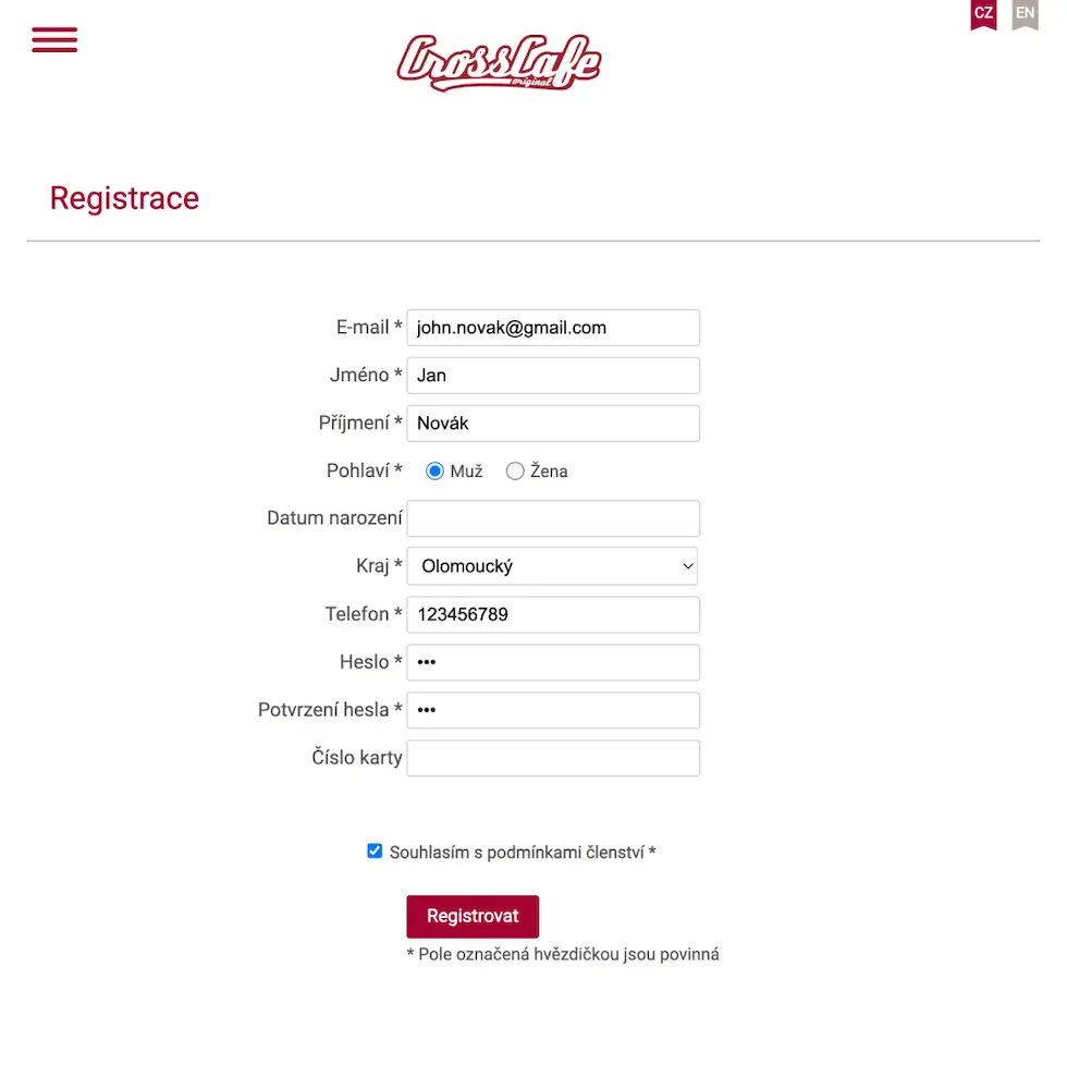 Registrační formulář Cross Café